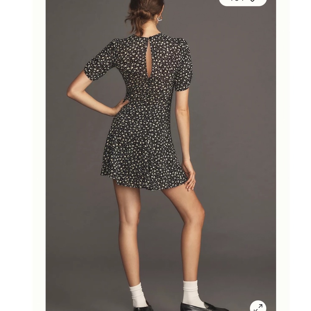 Reformation Black Ditsy Floral Viscose Mini‎ Dress Short Puff Sleeve Size 8